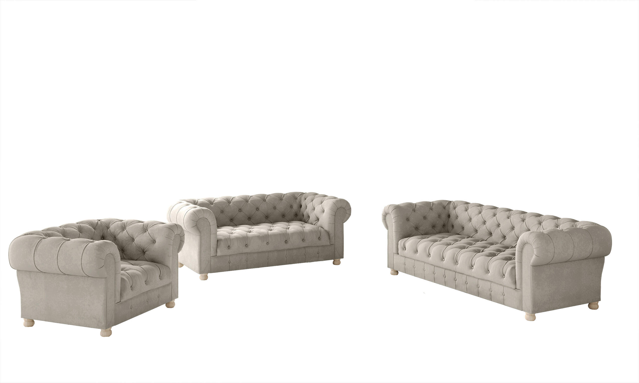 SITZGARNITUR 3+2+1 CHESTERFIELD Elegant Klassisch Schick Stoff Whisper Velours Creme - Creme, Holz/Textil (202/77/90cm) - Kaiser Möbel