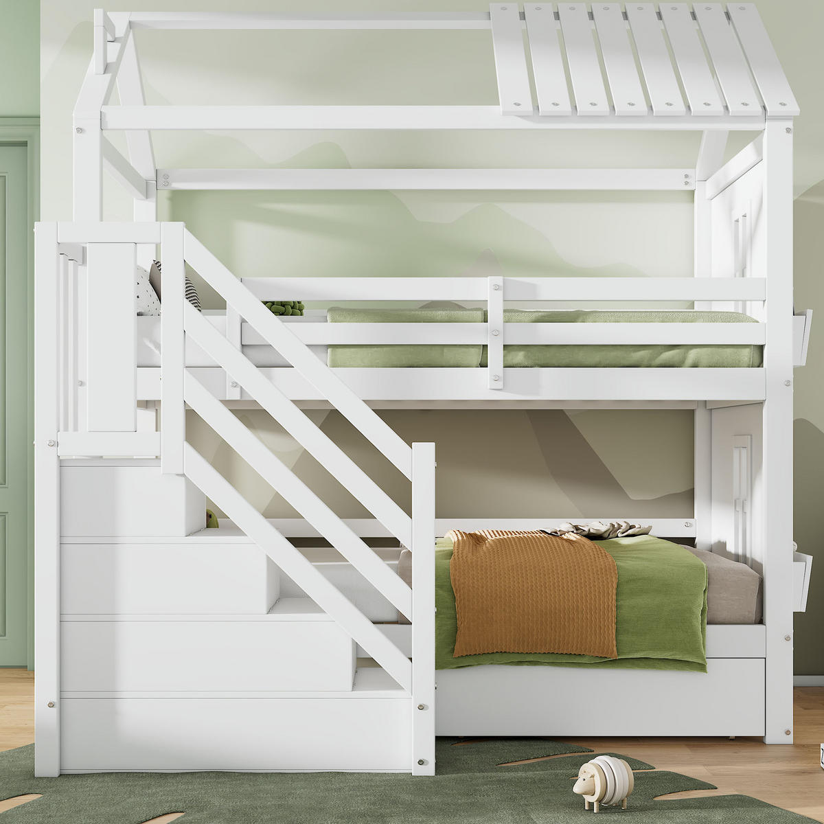 ETAGENBETT 90/200 cm weiß aus Massivholz und MDF mit Stauraumtreppe - Weiß, Holz (90/200cm) - OKWISH