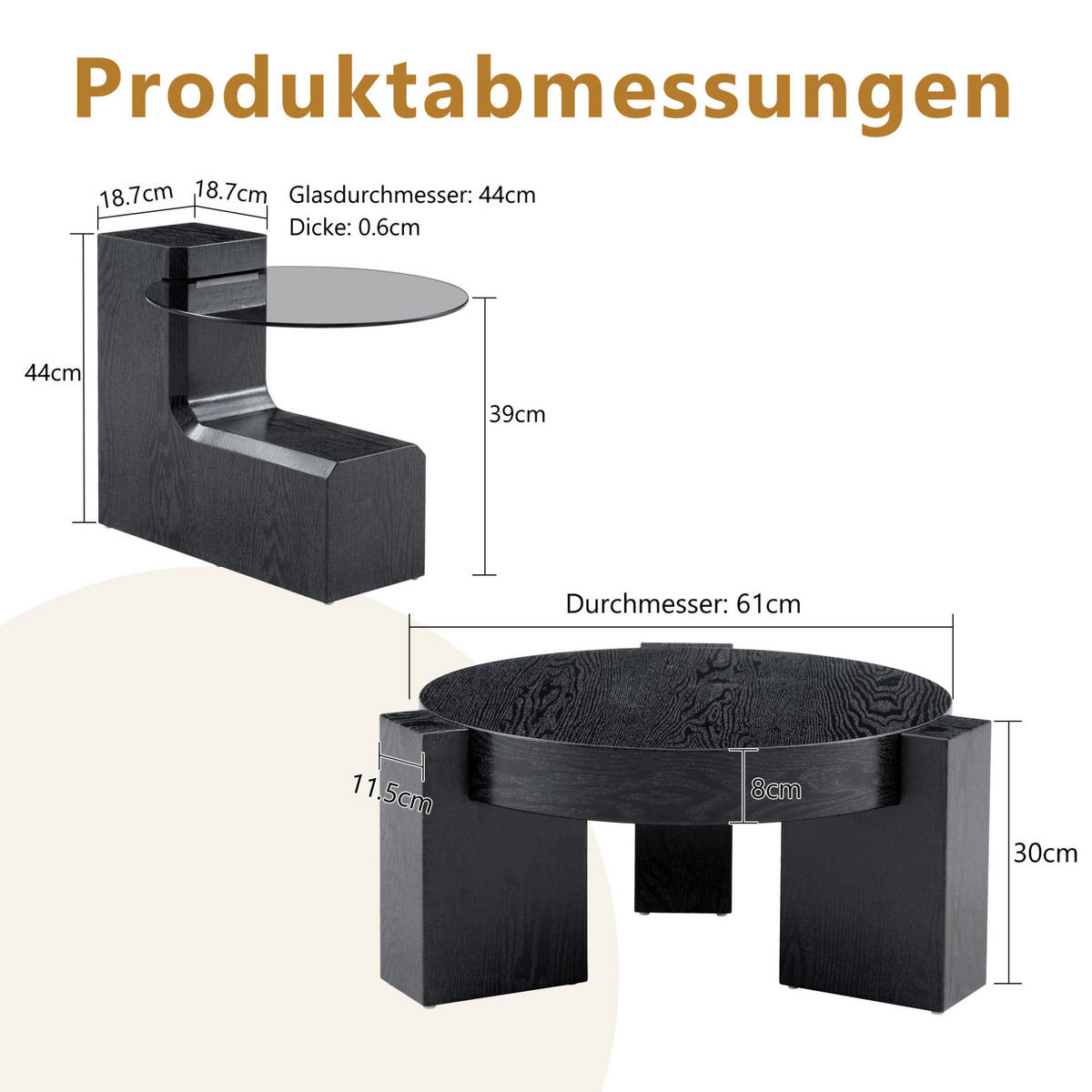 COUCHTISCH rund 61/44 cm in Schwarz aus MDF und Glas mit zweistöckigem Design - Schwarz, Holzwerkstoff (61/61/30cm) - OKMYHOME