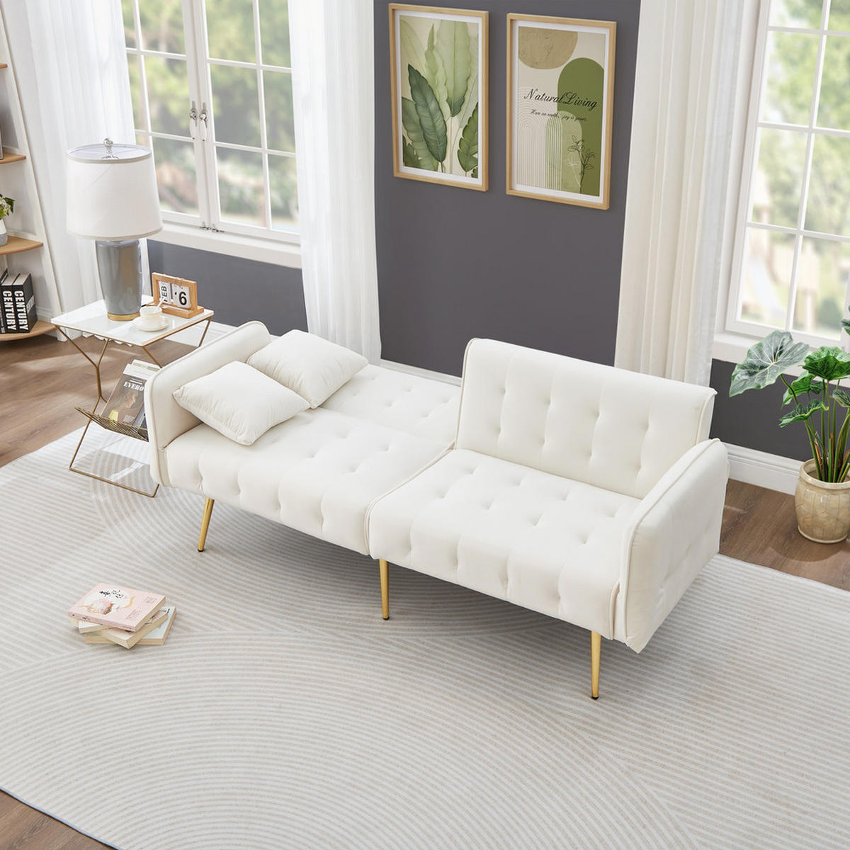 SOFA Zweisitzer Sofabett Velours Verstellbare Lehne Großzügig Schlaffunktion - Weiß, Holz (89.92/18.03/80.52cm) - FLIEKS