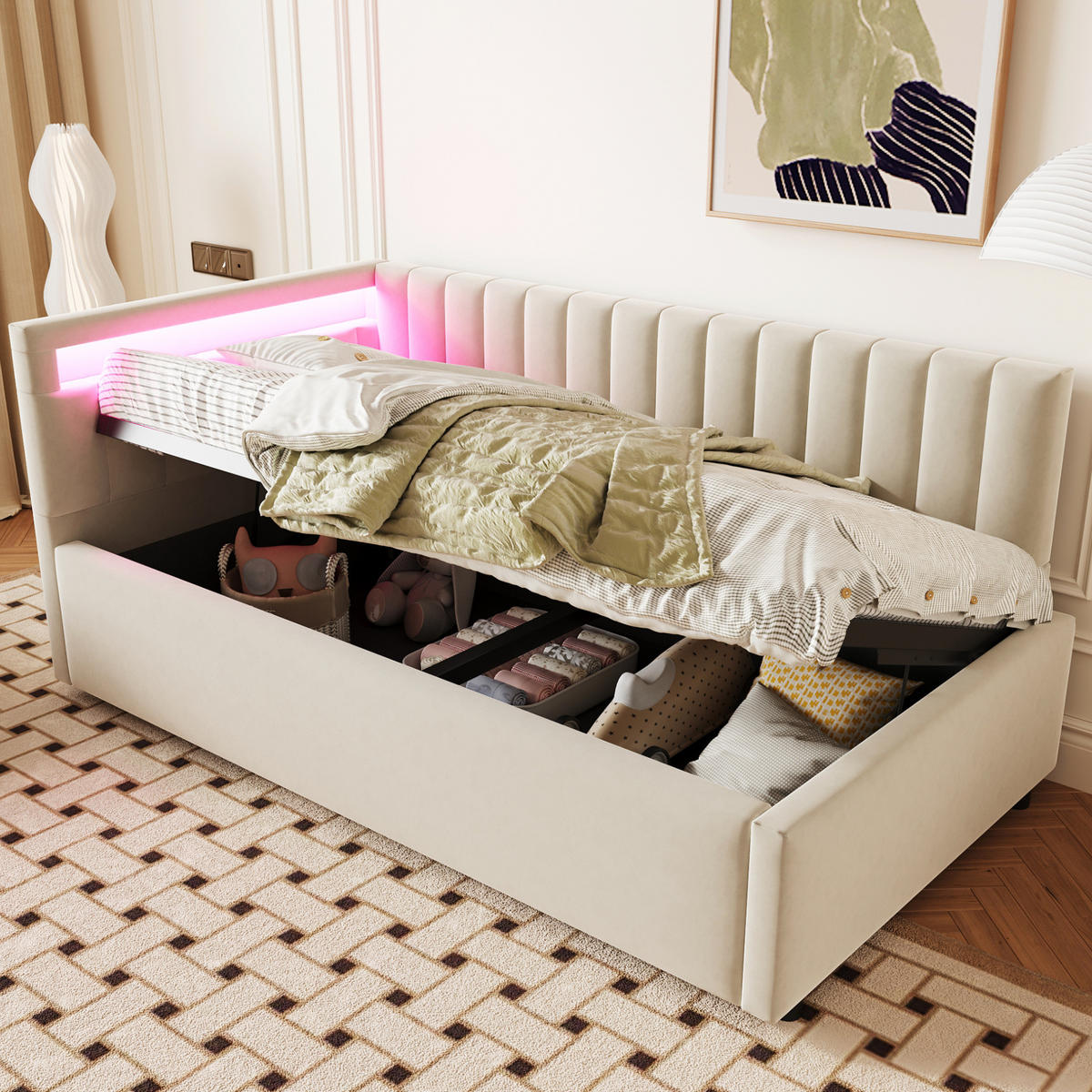 POLSTERBETT 90/200 cm Beige mit LED-Beleuchtung und Stauraum - Beige, Textil (90/200cm) - Flora Grace