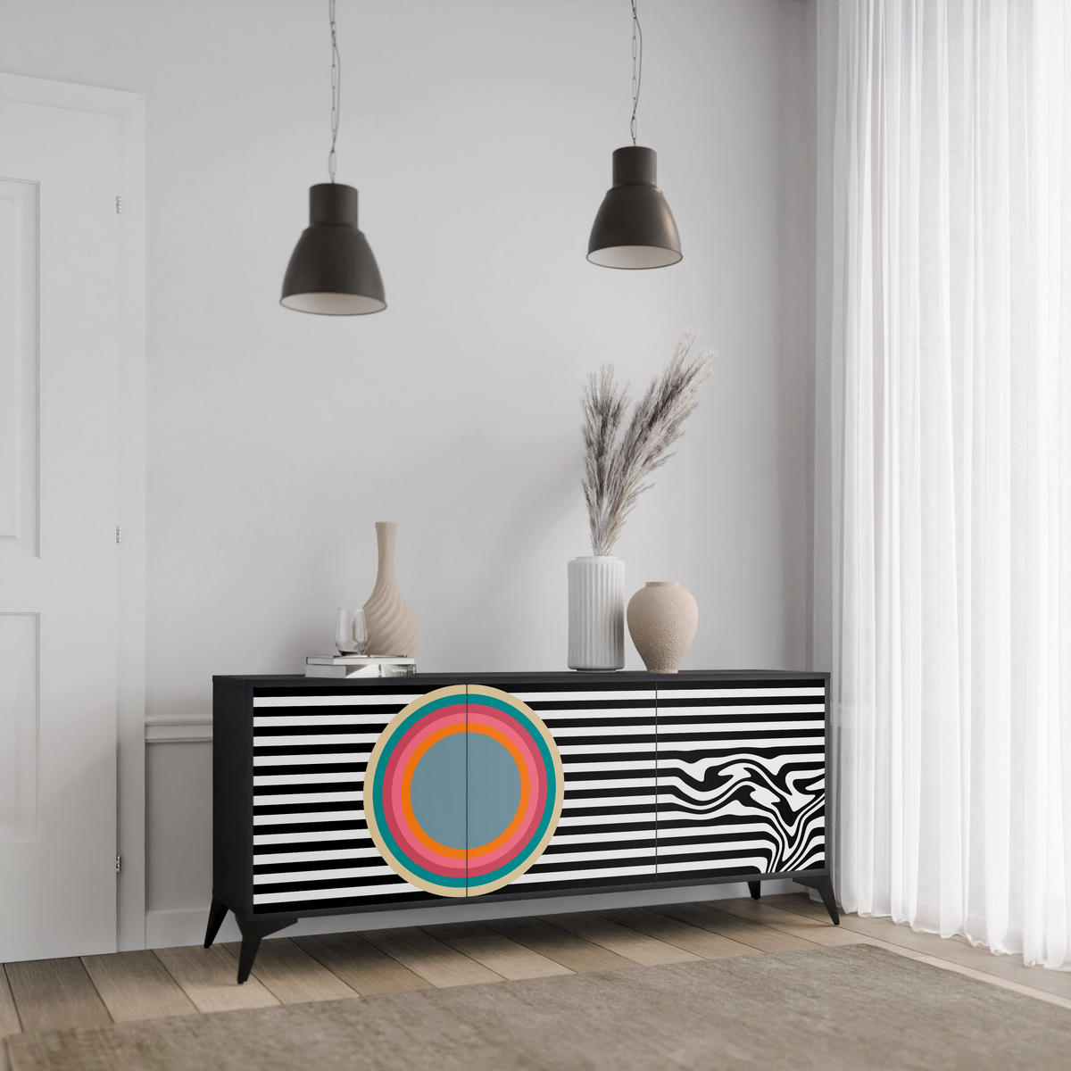 SIDEBOARD SPECTRA SHOWCASE, Graue Oberfläche, 164,5x42x75,5 cm, 3 Türen - Goldfarben/Grau, Holzwerkstoff/Metall (164.5/75.5/42cm) - SpaceRebels