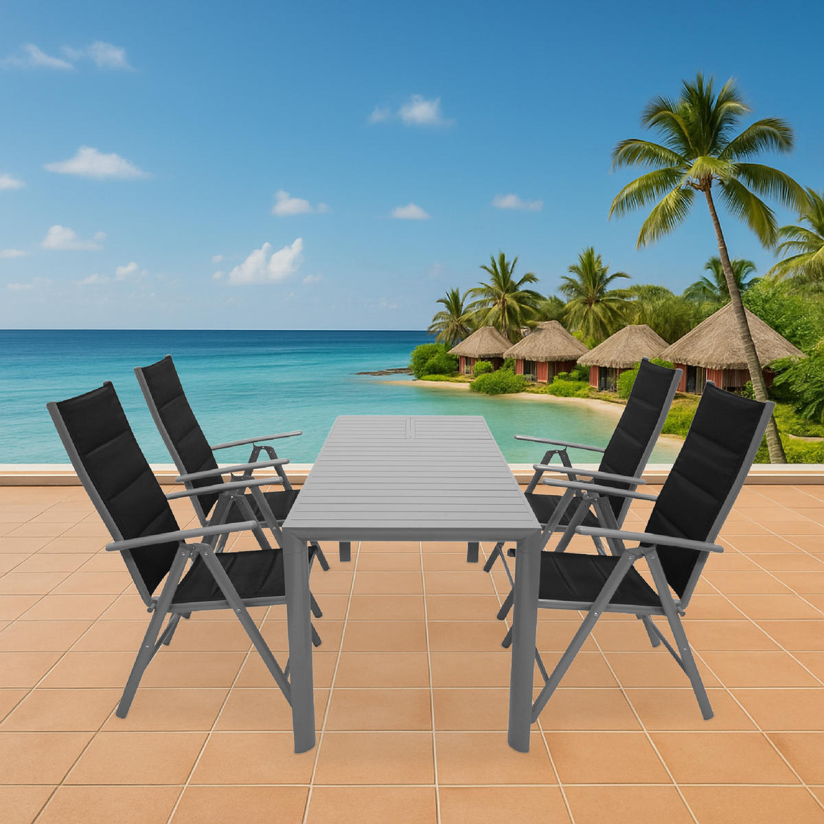 GARTEN-GARNITUR Ashford - 5-teilige Garten-Essgruppe (4x Klappsessel, Aluminium silbergrau + Textilgewebe gepolstert schwarz - Grau, Metall - TPFGarden