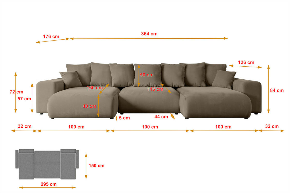 WOHNLANDSCHAFT mit Schlaffunktion ESKAR-U -364x176x84cm Braun Velours - Schwarz/Braun, Holzwerkstoff/Kunststoff (364/84/176cm) - ALTDECOR