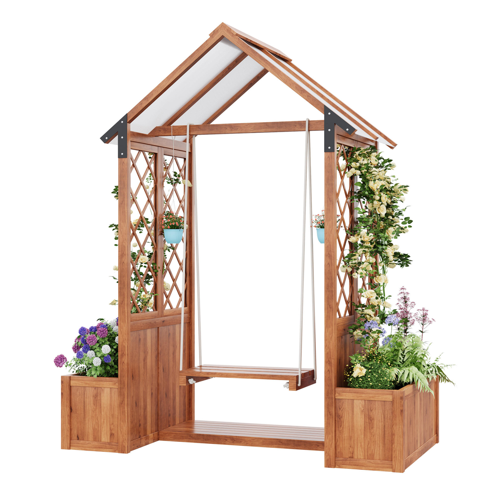 BLUMENKASTEN aus Massivholz 163x142x70 cm in Braun mit Rankgitter & Schaukel - Braun, Holz (70/163/142cm) - Modfu