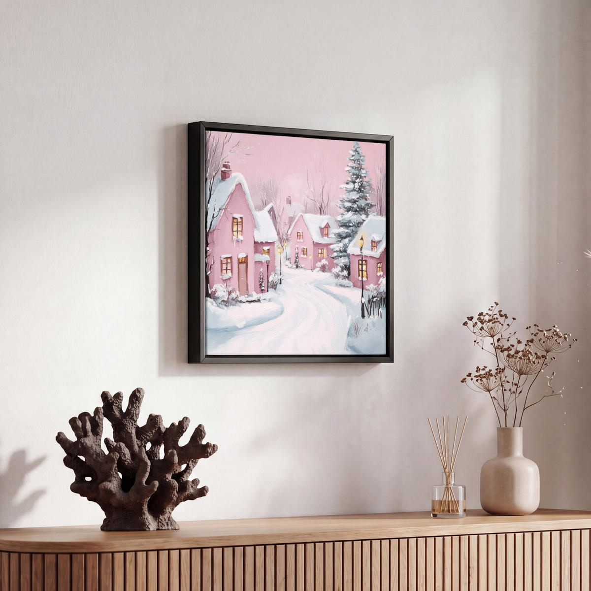 LEINWAND Bilder mit Rahmen - Weihnachtsdorf - Rosa - Winter - Schnee - Häuser - 20x20 - Altrosa, Textil (20/20cm) - MuchoWow