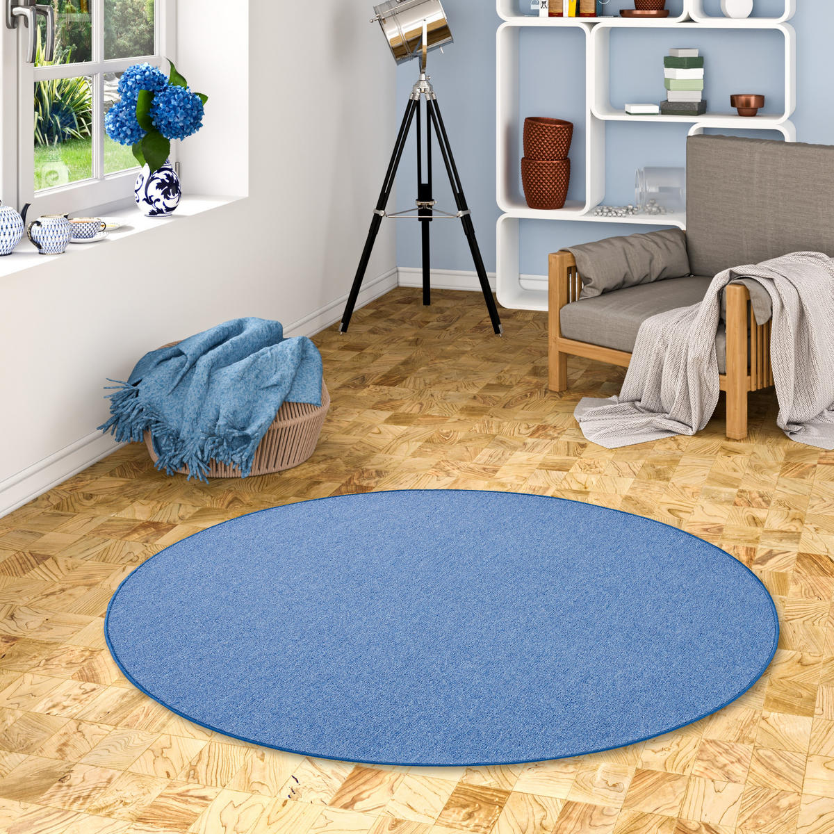 FEINSCHLINGEN VELOUR TEPPICH STRONG RUND - Blau, Textil (100/100cm) - Snapstyle