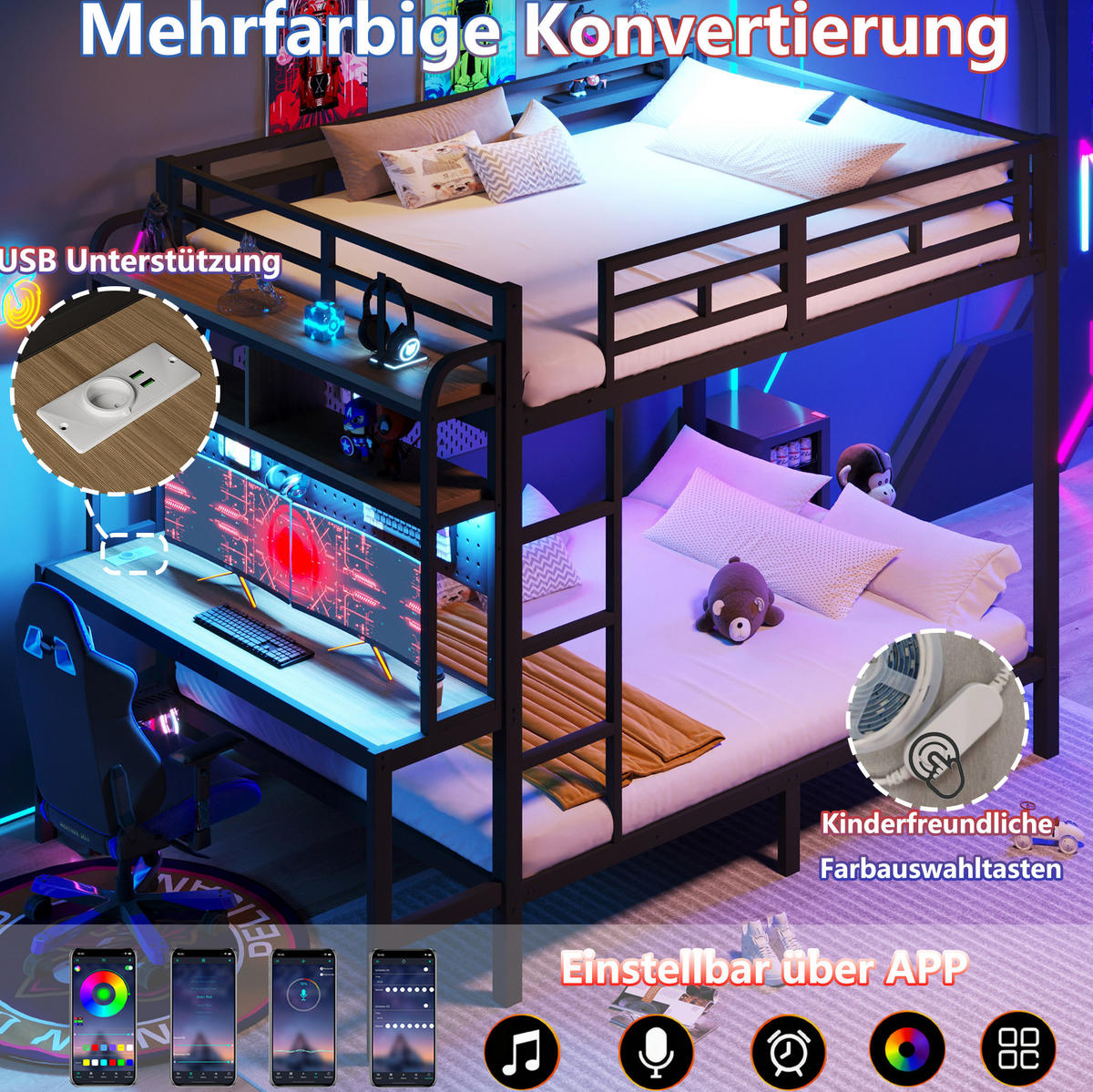 ETAGENBETT 140/200 cm Schwarz mit LED, USB-Anschluss und Schreibtisch - Schwarz, Metall (140/200cm) - MIVRAY
