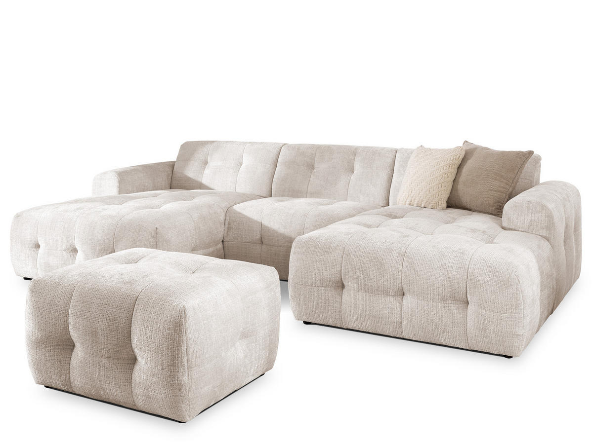 WOHNLANDSCHAFT inkl. Hocker Kozy im Bumpy-Design mit Schlaffunktion und fester Rückenlehne aus weichem Beige Chenille-Stoff - Beige/Creme, Holz/Kunststoff (323/79/161cm) - S-Style Möbel