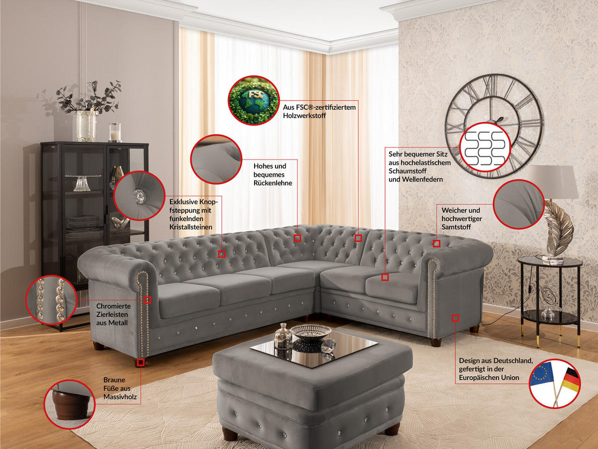 ECKSOFA Chesterfield Cleo Blink Grau Samt mit Kristallsteppung und braunen Massivholzfüßen - Ottomane Rechts - Braun/Grau, Holz/Textil (264/210cm) - S-Style Möbel