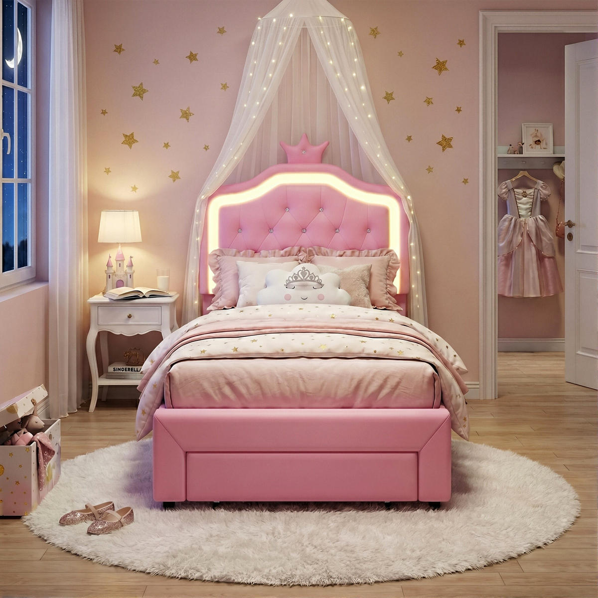 POLSTERBETT Kronen mit Kristallsteinen & RGB-LED 90/200 cm PU-Leder Rosa - Pink, Textil (90/200cm) - Creahappy