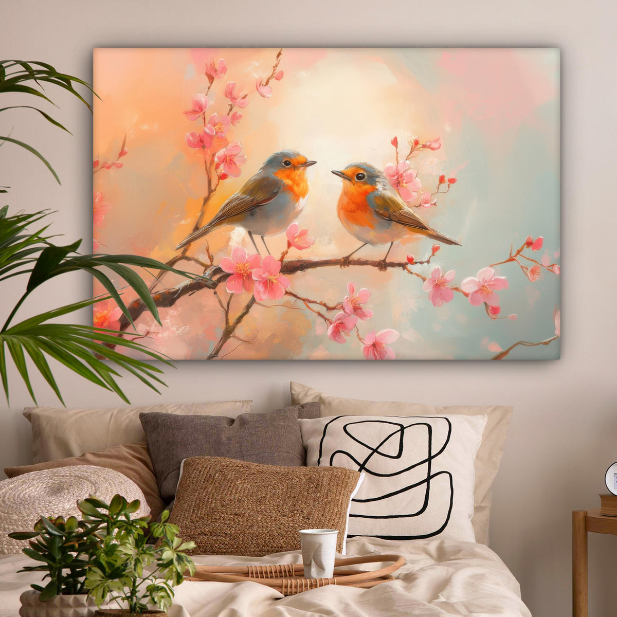 LEINWANDBILD Rotkehlchen - Zierpflanze - Blütenzweig Wohnzimmer Groß 120x80 cm - Hellrosa, Textil (120/80cm) - MuchoWow