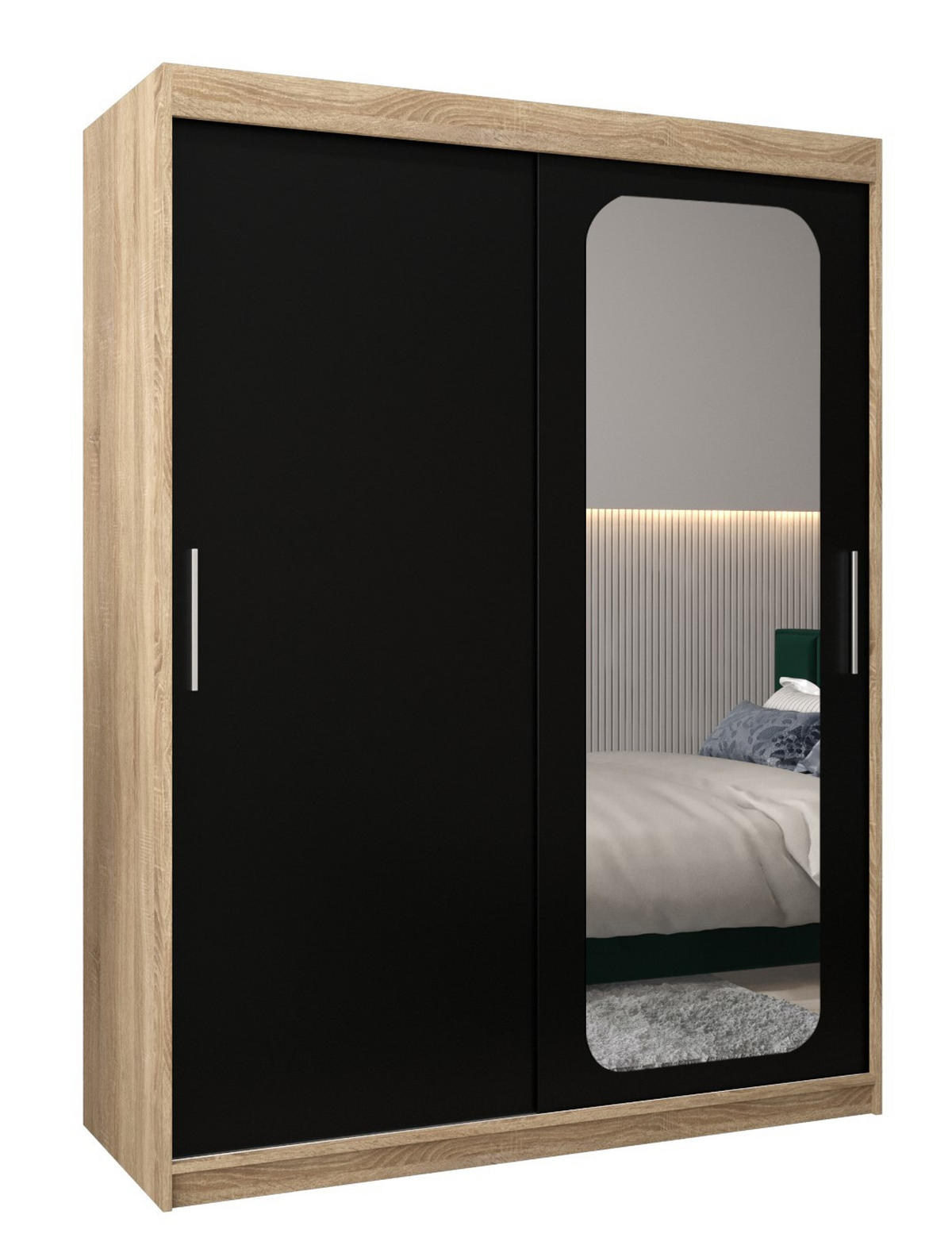 SCHWEBETÜRENSCHRANK 200/150/62 2-türig - Silberfarben/Schwarz, Holz/Kunststoff (150/200/62cm) - Abiks Möbel