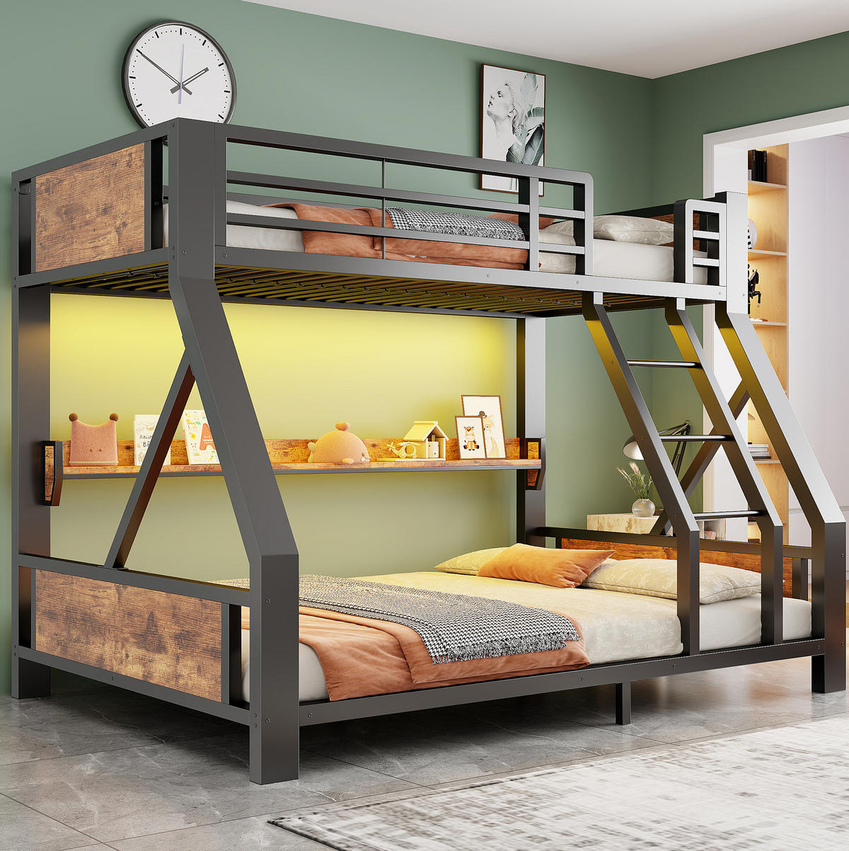 ETAGENBETT aus Metall 90x200 / 140x200 cm Schwarz mit LED-Beleuchtung und Ablagefach - Schwarz, Metall (90/200cm) - Modfu
