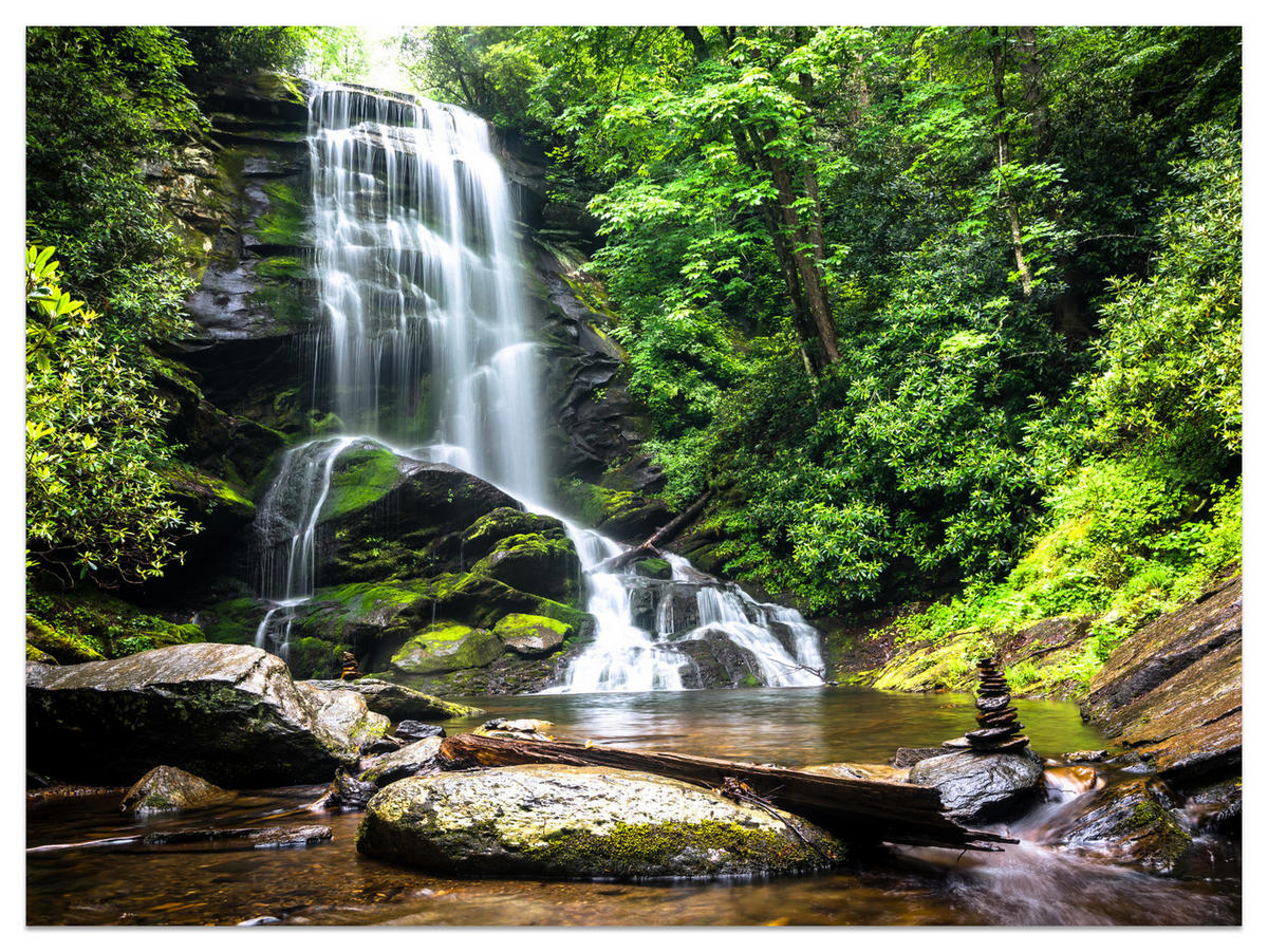 FOTOTAPETE Wasserfall im Dschungel Bäume Felsen 3D 450x315 - Braun/Weiß, Papier (450/315cm) - Muralo
