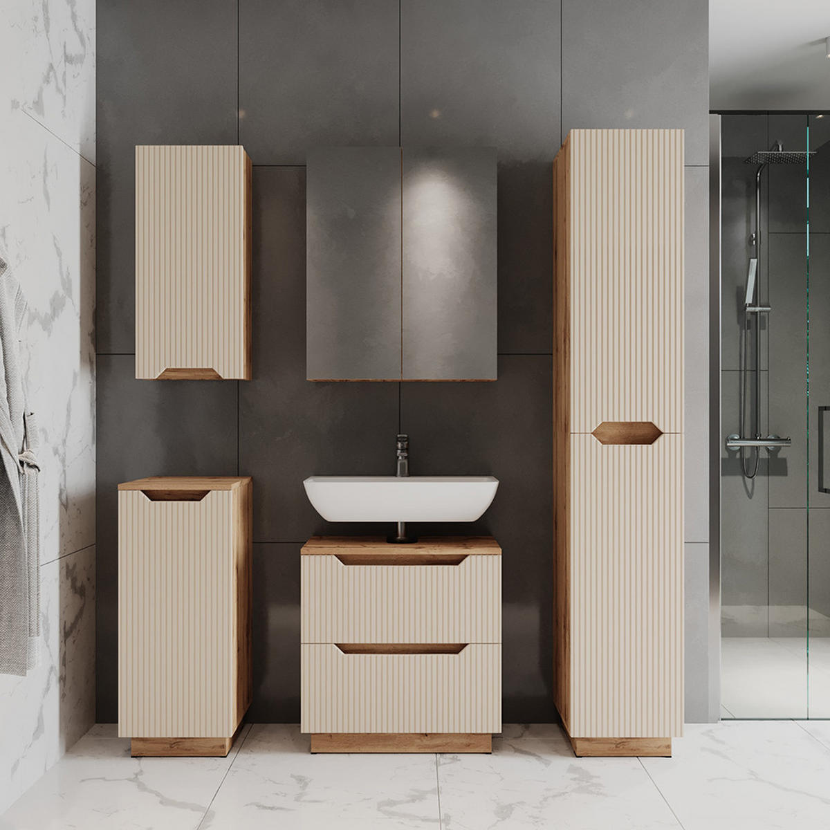 BADSCHRANK Lotta Eiche/Kaschmir gestreift 33 x 186 cm mit 2 Türen - Kaschmir/Eichefarben, Holzwerkstoff (33/186/35cm) - Vicco