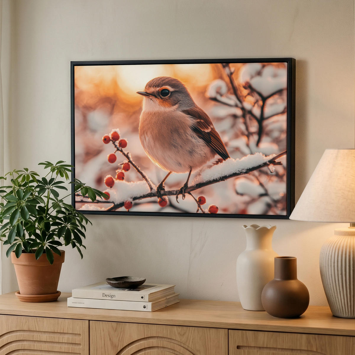 LEINWAND Bilder mit Rahmen - Vogel - Zweig - Winter - Tiere - Schnee - 60x40 - Bernsteinfarben, Textil (60/40cm) - MuchoWow