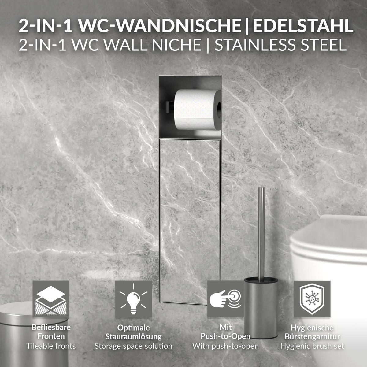 UNTERPUTZ-SCHRANKMODUL WC aus Edelstahl silber 60x20x14 cm - Silberfarben, Metall (14/60/20cm) - LuxeBath