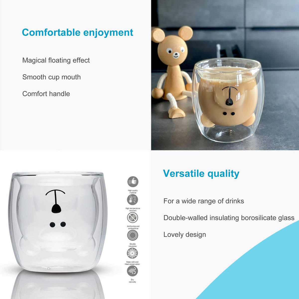 KAFFEEGLAS Bären Design 230 ml (4er-Set) - Transparent, Glas - Intirilife