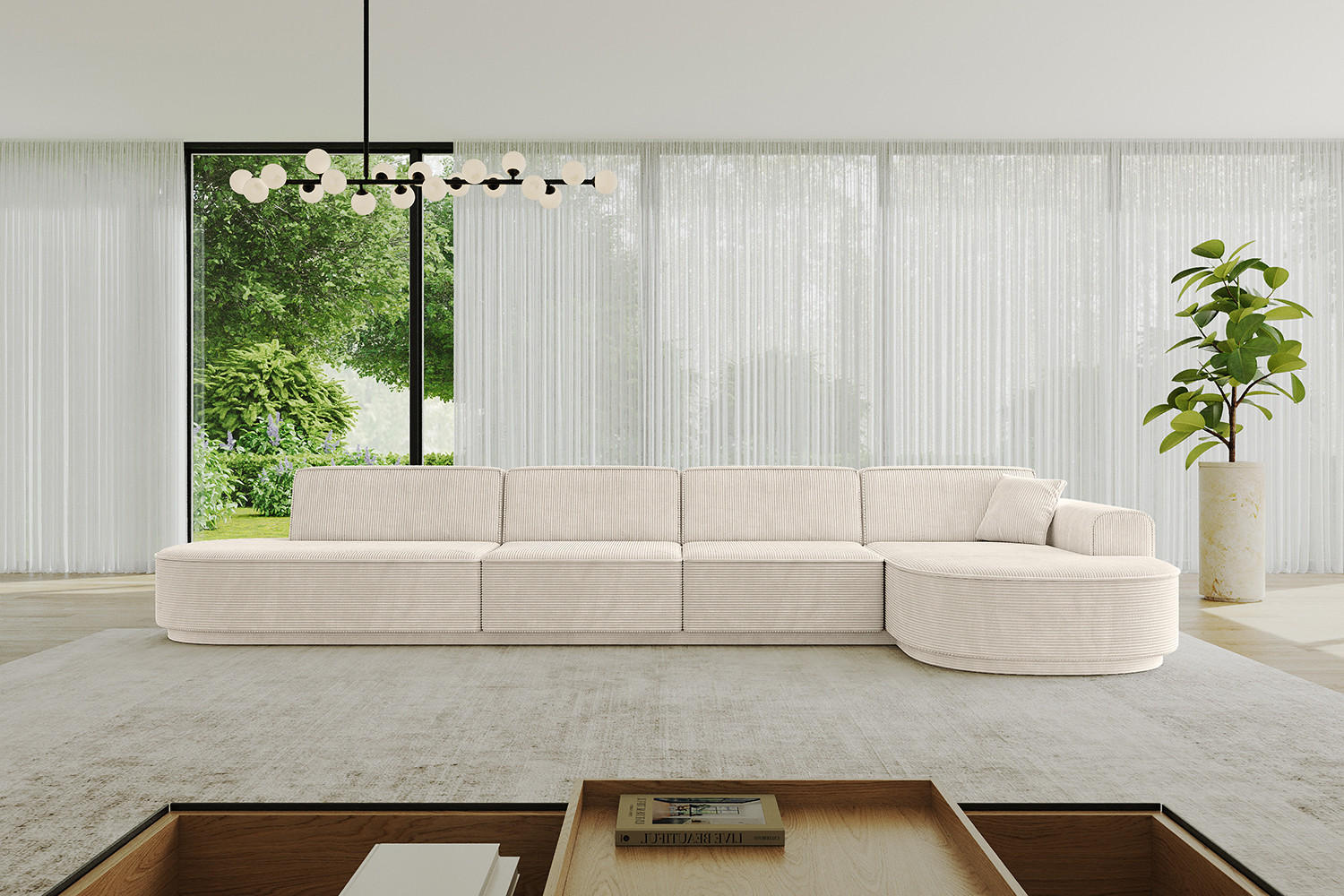 ECKSOFA Ottomane Rechts MARI-L3-v3 - 413x171x83 cm Beige Cord - Beige/Schwarz, Holzwerkstoff/Kunststoff (171/413cm) - ALTDECOR