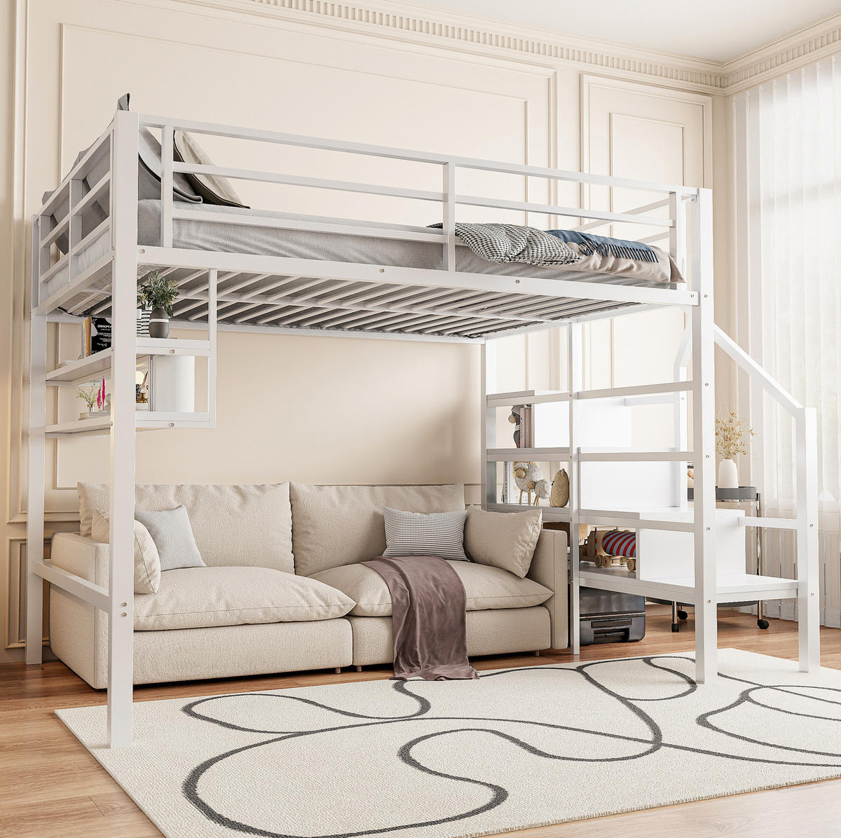 HOCHBETT 140/200 cm in Weiß – mit Stauraumleiter und Regalfächern - Weiß, Metall (140/200cm) - BEAOK