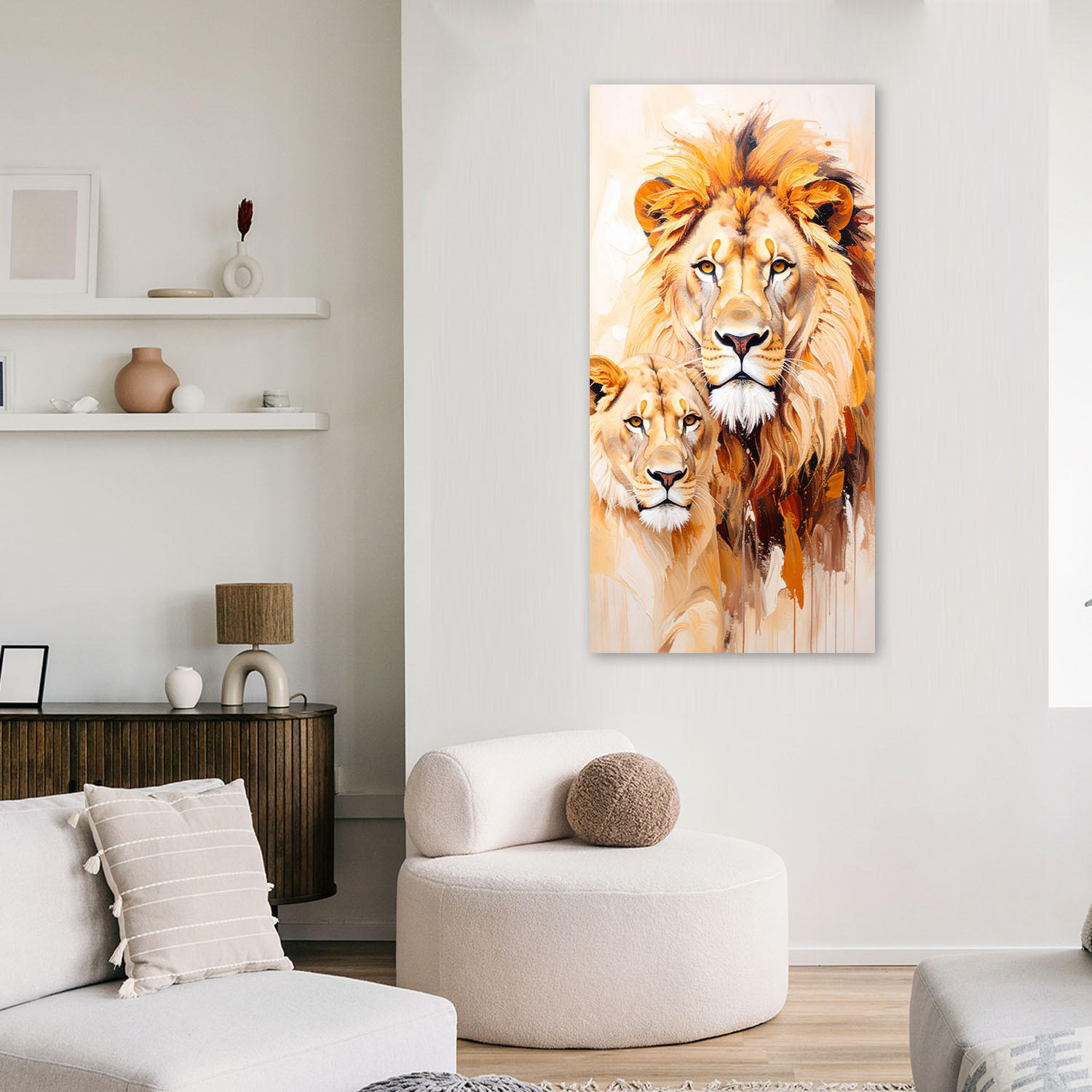 LEINWANDBILD Löwenpaar Tiere Natur 60x120cm - Beige, Textil (60/120cm) - Feeby