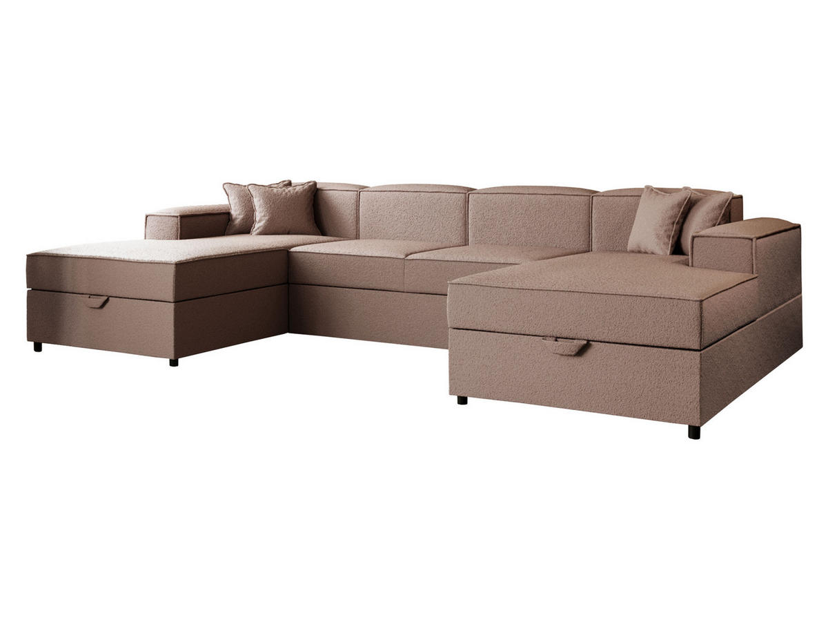 WOHNLANDSCHAFT Santos U Boucle - Hellbraun/Schwarz, Holzwerkstoff/Kunststoff (320/79/166cm) - MIRJAN24