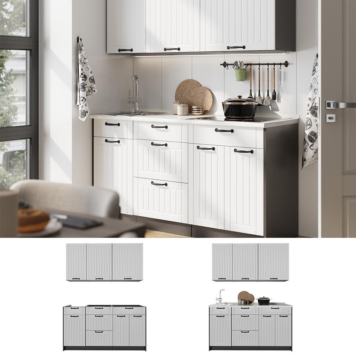 SINGLEKÜCHE Fame-Line, Weiß Landhaus/Anthrazit, 150 cm, AP Eiche - Anthrazit/Weiß, Holzwerkstoff (150/82/60cm) - Vicco