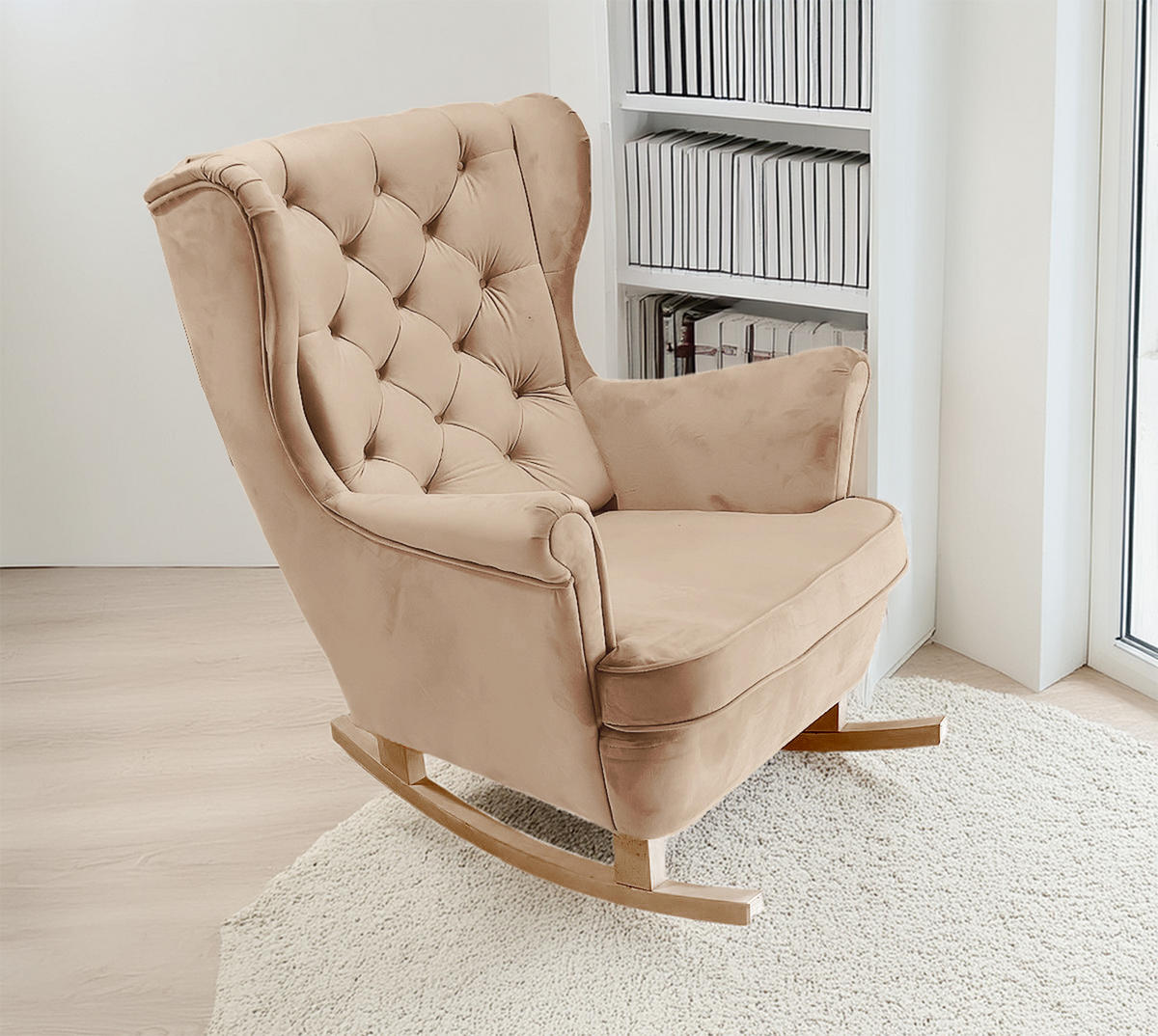 SCHAUKELSESSEL mit gepolstertem Sitz und Armlehnen, 102x81x95 cm, Beige_29800 - Buchefarben/Cappuccino, Holz/Textil (81/102/95cm) - DomoHome