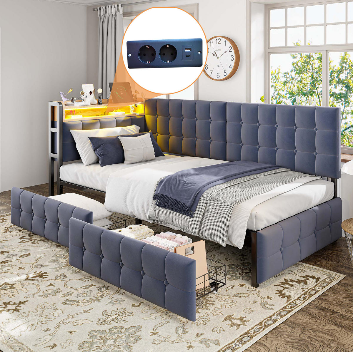SCHLAFSOFA 90/200 cm mit LED-Beleuchtung, USB- und Typ-C-Anschluss, 2 Schubladen und Samtbezug, Grau - Grau, Textil (99/83.5/208.5cm) - Redom