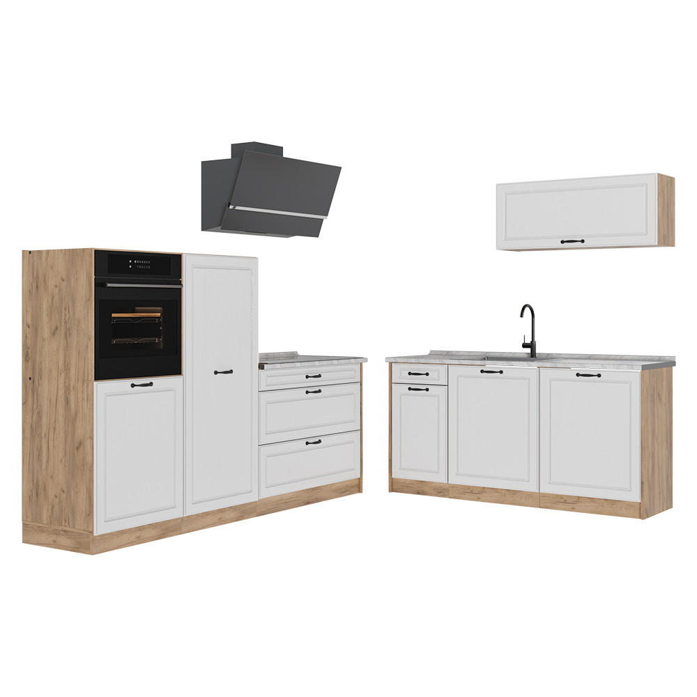 KUCHYNKA R-Line, Biely vidiecky dom/Dub Goldkraft, 220 cm Marmori työtaso - biela/farba duba, kompozitné drevo (220/143/60cm) - Vicco