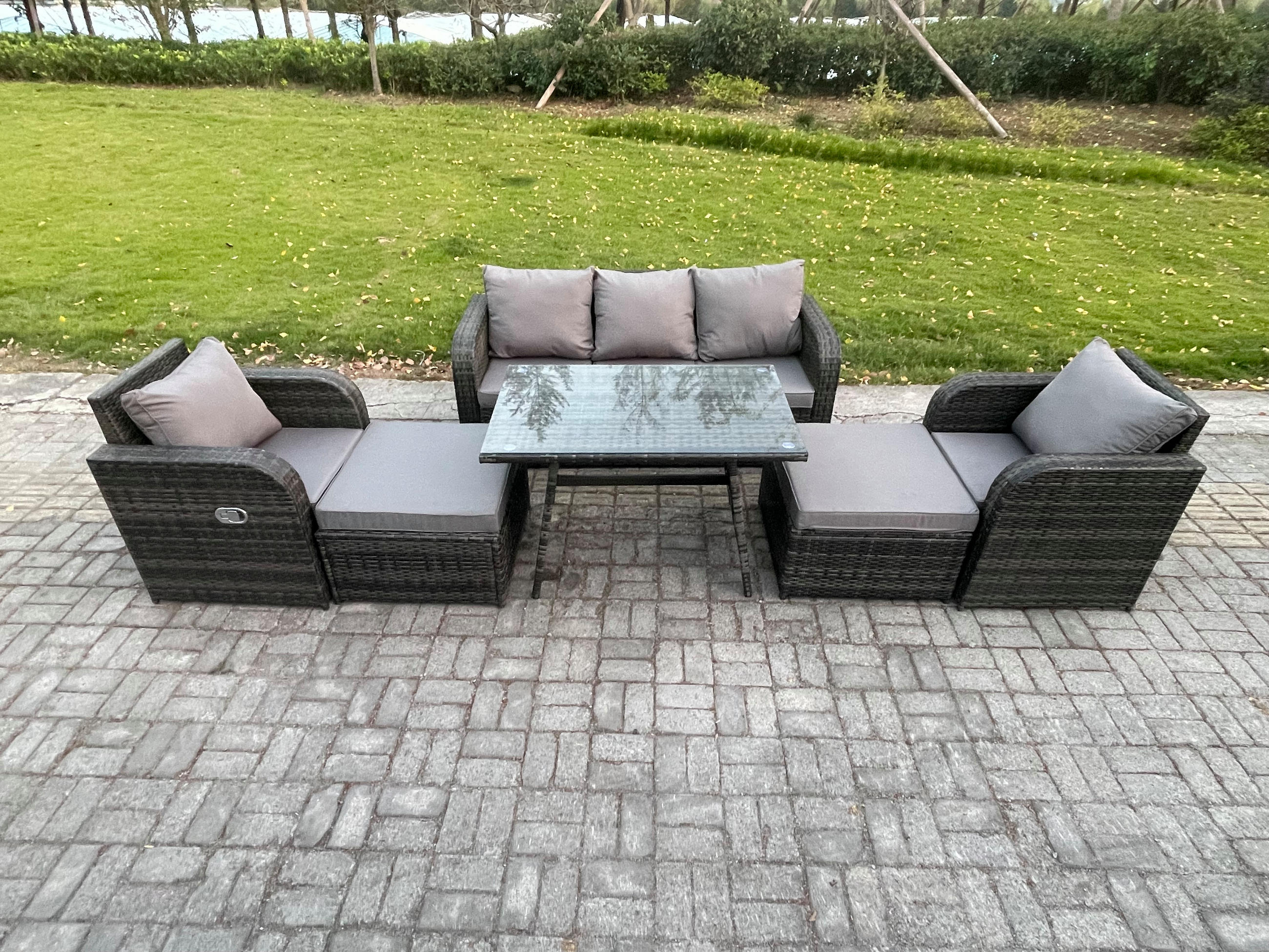 GARTENMÖBELSET mit ESSTISCH,SOFA Polyrattan 7-Sitzer - Dunkelgrau/Grau, Glas/Kunststoff - Fimous