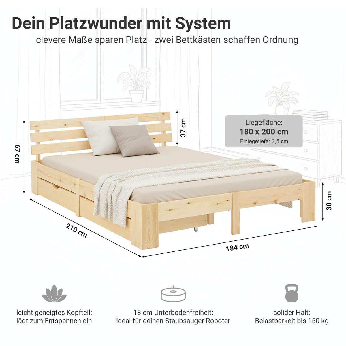 HOLZBETT mit Matratze und Stauraum 180/200 cm natur - Naturfarben, Holz (180/200cm) - Homestyle4u