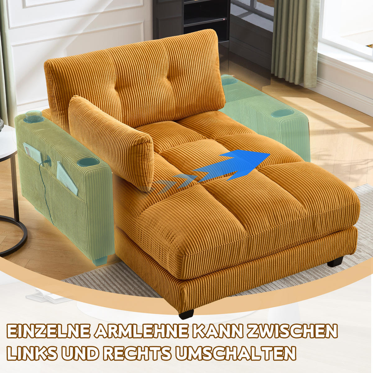 RÉCAMIERE Cord Senfgelb mit USB, Getränkehaltern und Seitentasche - Orange, Holzwerkstoff/Kunststoff (140/81/121cm) - WISHDOR