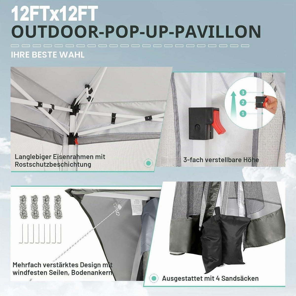PAVILLON 3,65 x 3,65 m Dunkelgrau mit Moskitonetz - Grau, Textil (365/275/365cm)