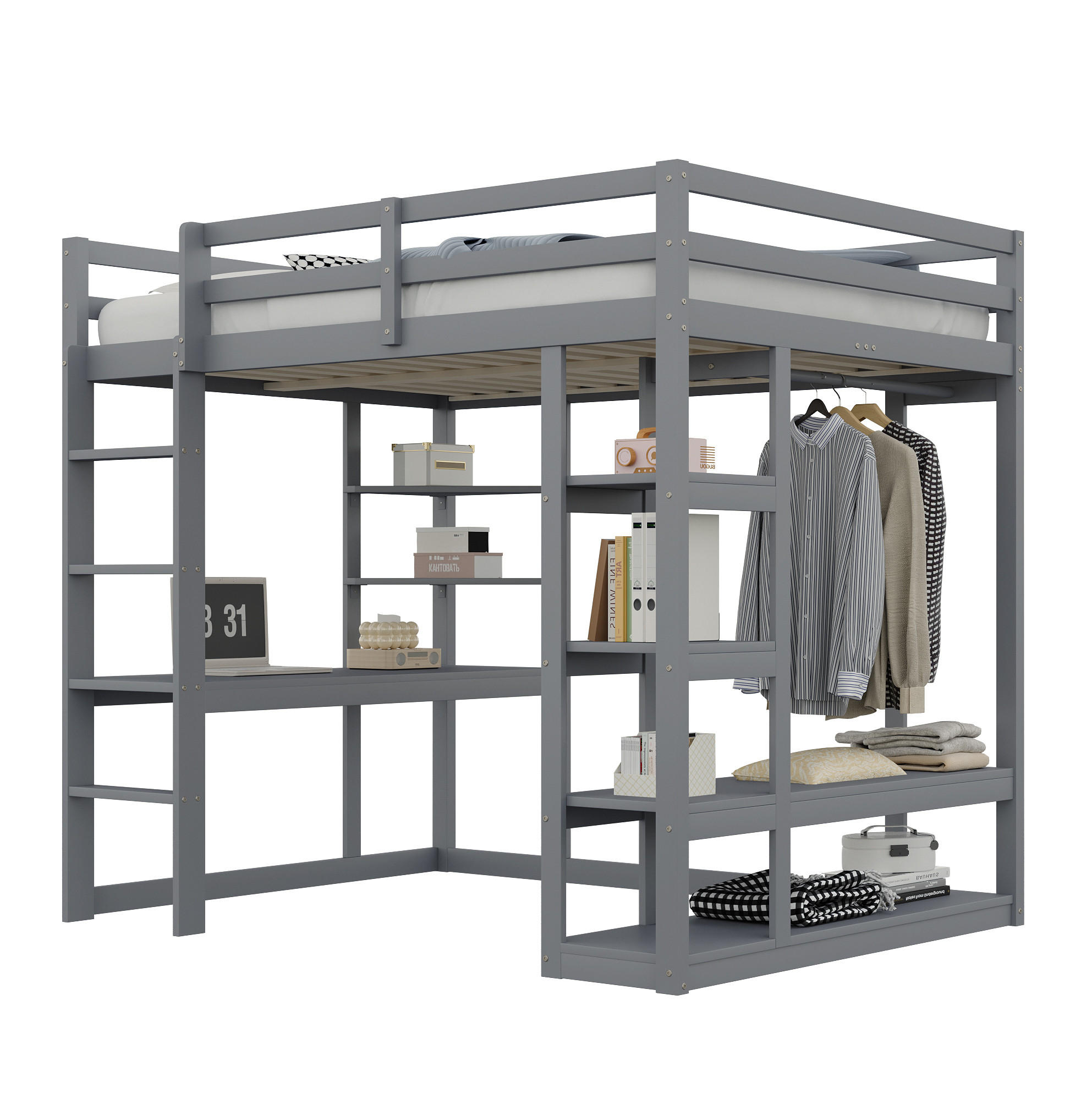 HOCHBETT 140/200 cm in Grau – mit Schreibtisch, Stauraum und Leiter - Grau, Holz (140/200cm) - BEAOK