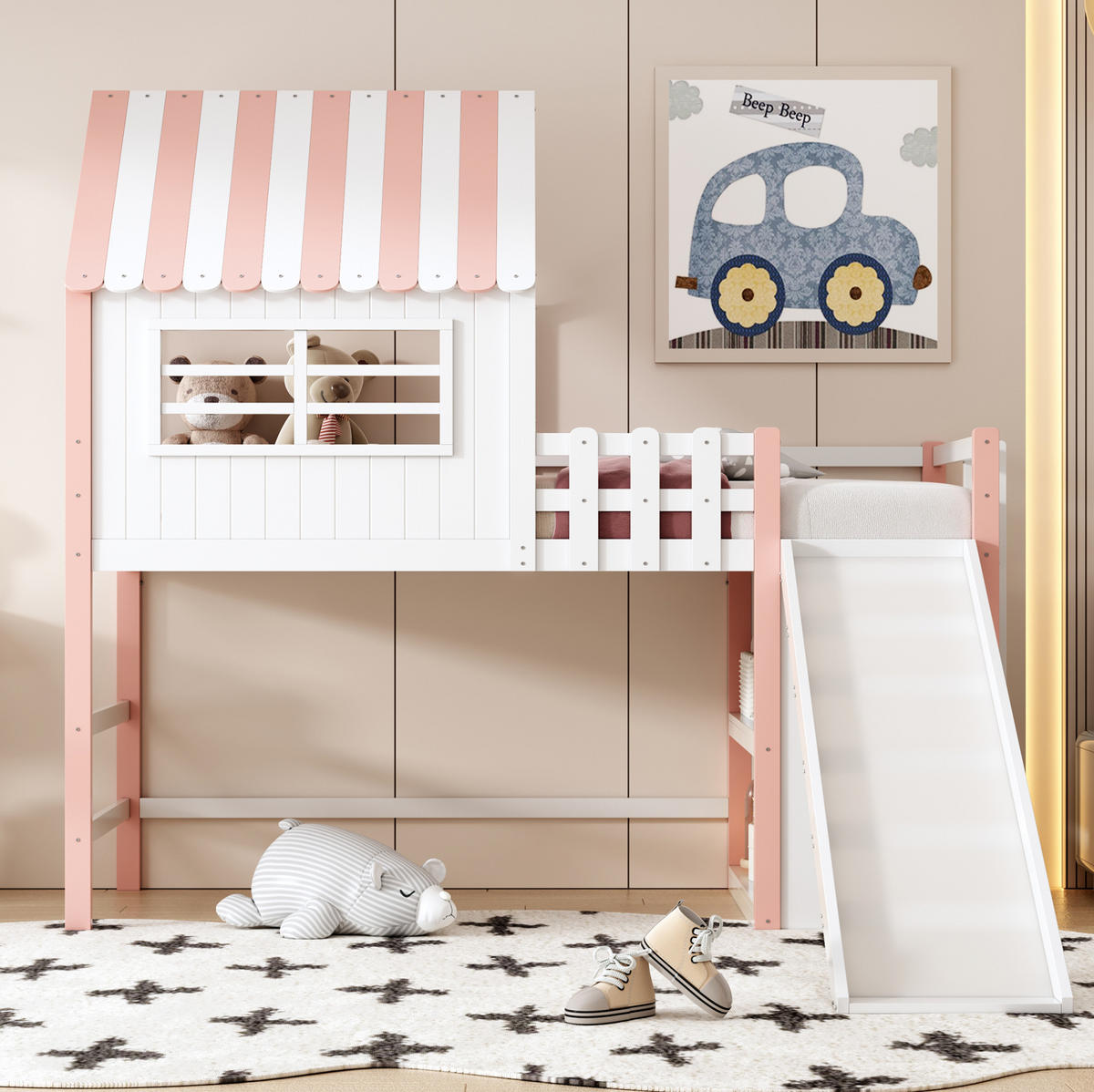 HOCHBETT 90/200 cm in Rosa – mit Rutsche, Leiter und Stauraum - Rosa, Holz (90/200cm) - BEAOK