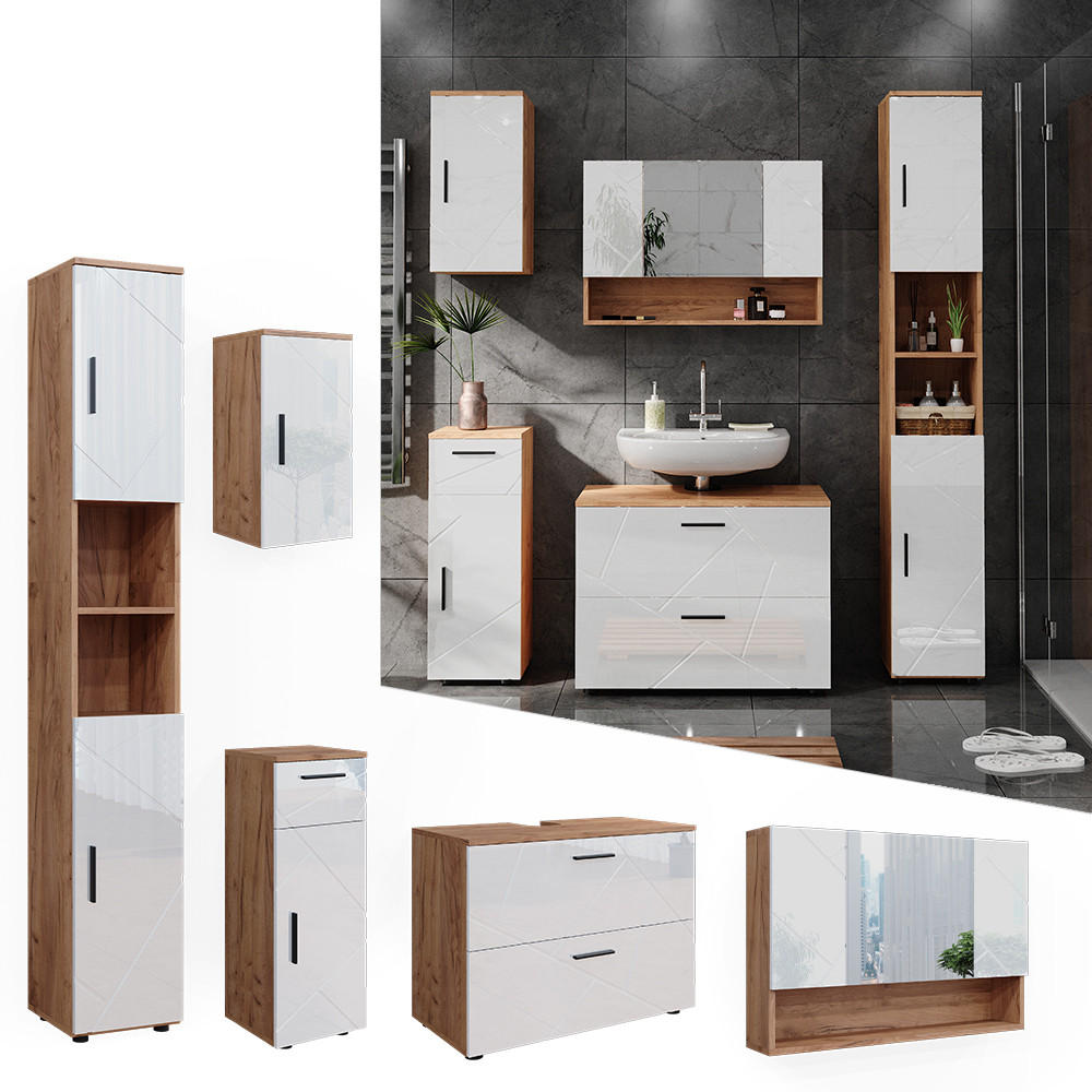 BADMÖBEL-SET Irma Weiß Hochglanz/Goldkraft Eiche 5 Teile - Weiß Hochglanz/Eiche Wotan, Holzwerkstoff (80/58.6/41cm) - Vicco