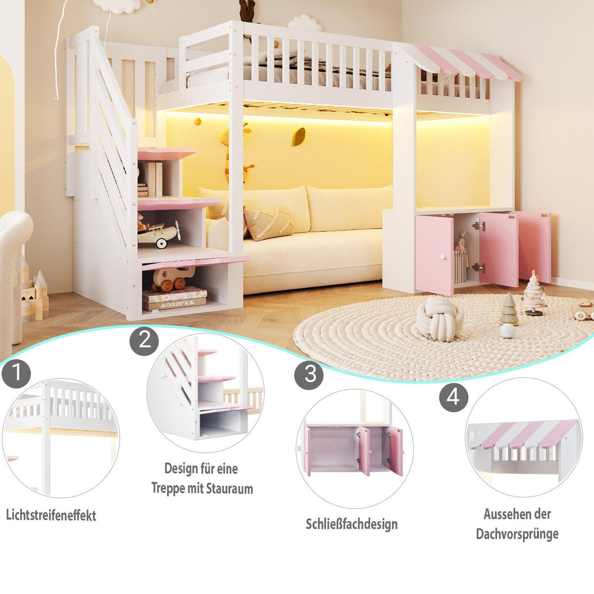 HOCHBETT 90x200 Rosa Holz Stauraumschrank LED - Multicolor, Holz (90/200cm) - FLIEKS