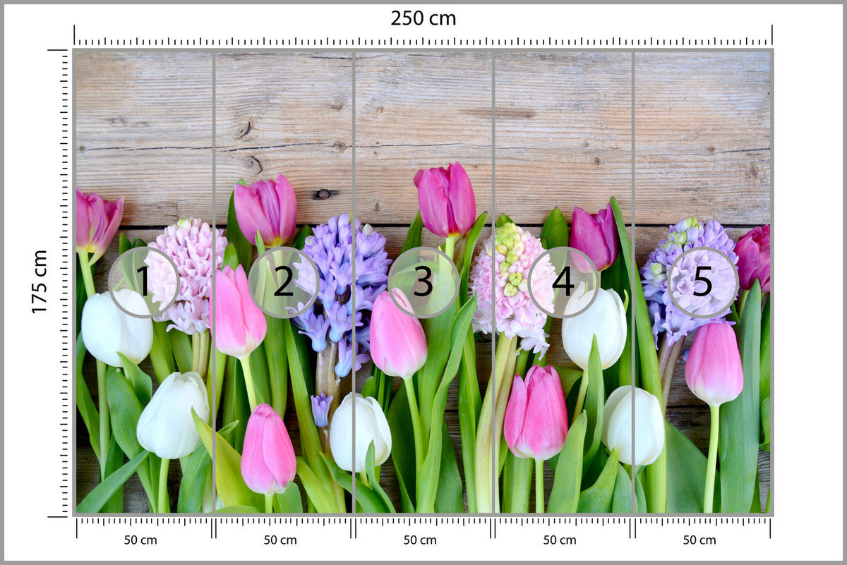 FOTOTAPETE für Küche Rosa Tulpen Violette Hyazinthen Holztisch 250x175 - Ecru/Violett, Papier (250/175cm) - Muralo
