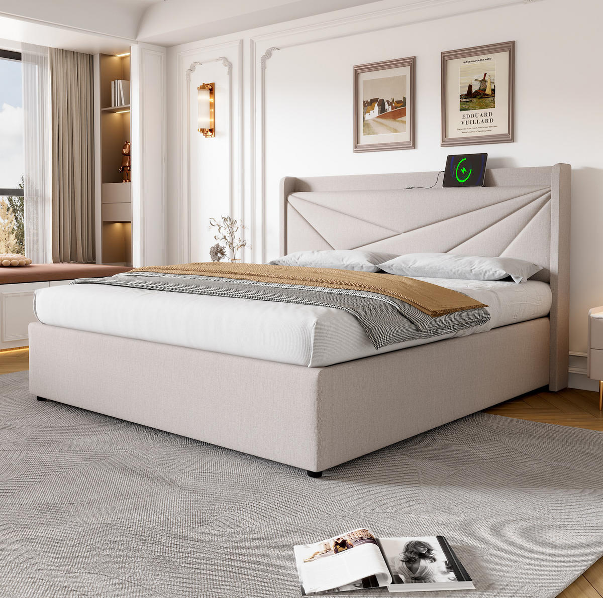 POLSTERBETT mit Bettkasten und USB/Typ-C 160x200 cm Beige - Beige, Metall (160/200cm) - Meubliv
