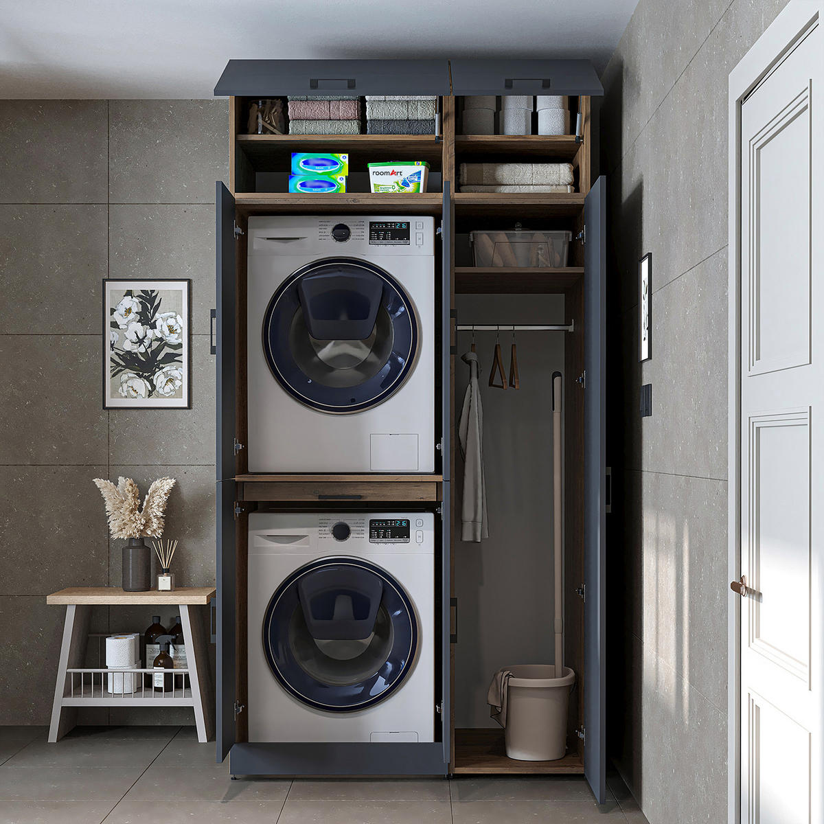 WASCHMASCHINENSCHRANK DORA-I 115cm Breit, 230cm Hoch - Anthrazit, Holzwerkstoff (115/230/73.8cm)