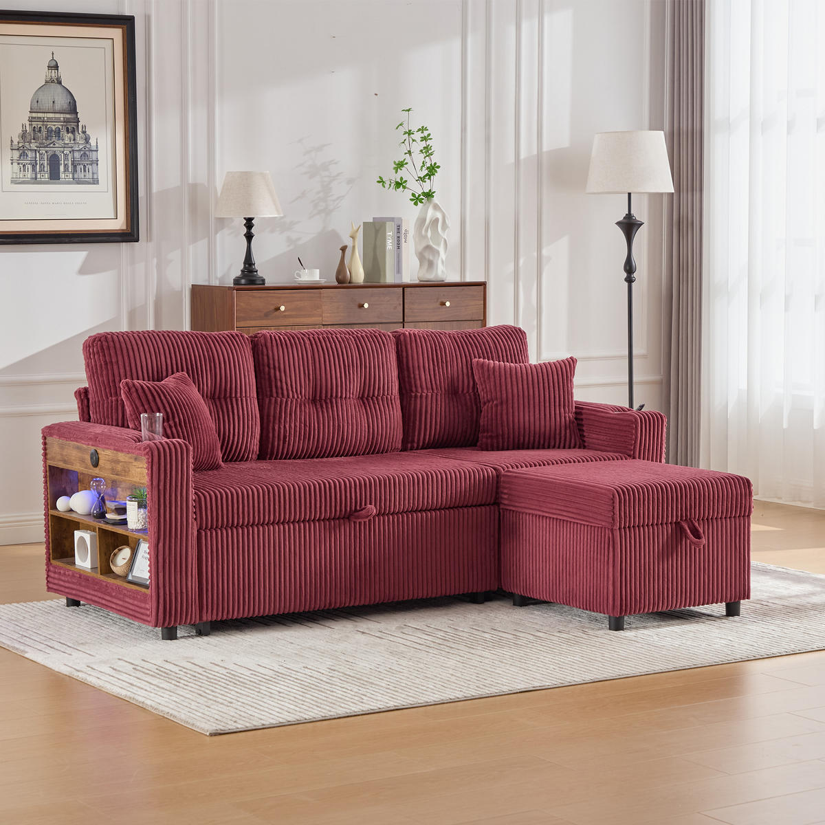 ECKSOFA mit Stauraumfunktion,Cordstoff,WEINROT - Dunkelrot, Textil (144/195cm) - KOMHTOM