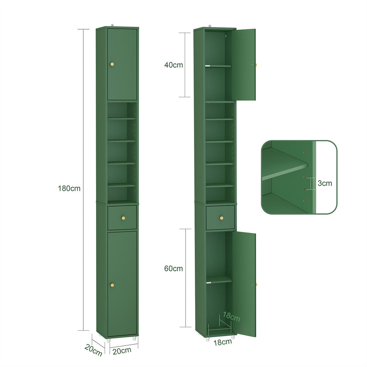 HOCHSCHRANK schmal Grün - Grün, Holzwerkstoff (20/180/20cm) - SoBuy