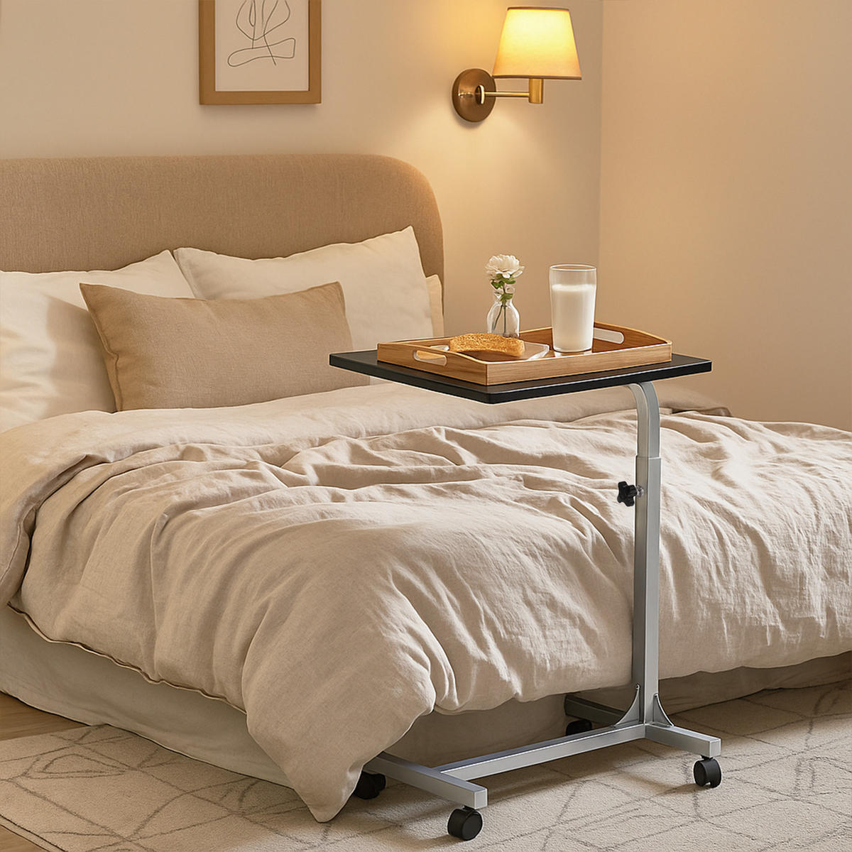 LAPTOP-BEISTELLTISCH, höhenverstellbar, mit 4 Rollen, für Bett und Sofa, Silber - Schwarz, Holzwerkstoff/Metall (48/37/79cm) - Meubles Cosy