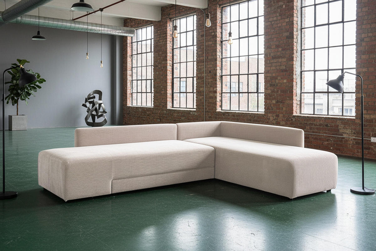 SCHLAFSOFA SADIRA Cremeweiß Cord - Creme/Schwarz, Kunststoff/Textil (288/209cm) - KAWOLA