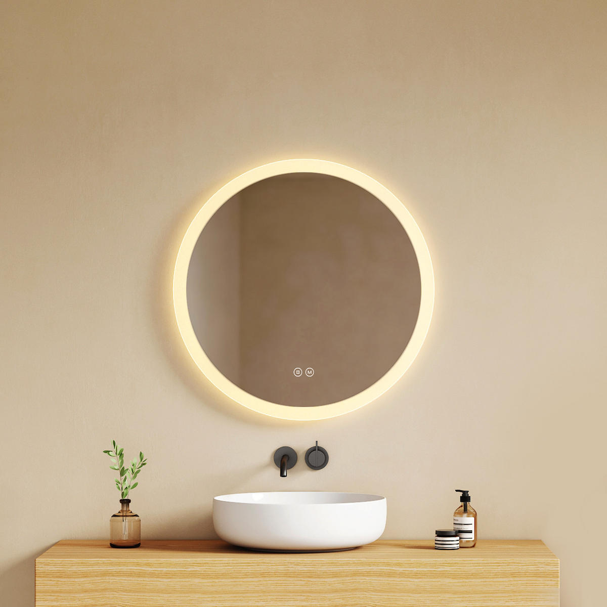 OKRUGLO KUPAONSKO OGLEDALO s led rasvjetom ruba 3 boje svjetla protiv zamagljivanja Ø 50 cm - prozirno, staklo (50/50/3.5cm) - EMKE