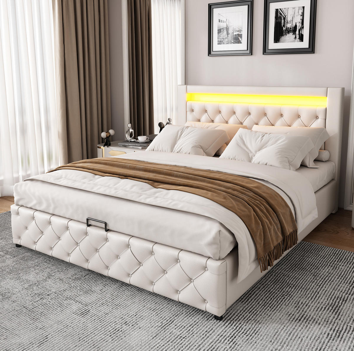 POLSTERBETT mit Bettkasten und LED 160x200 cm PU Weiß - Weiß, Metall (160/200cm) - Meubliv
