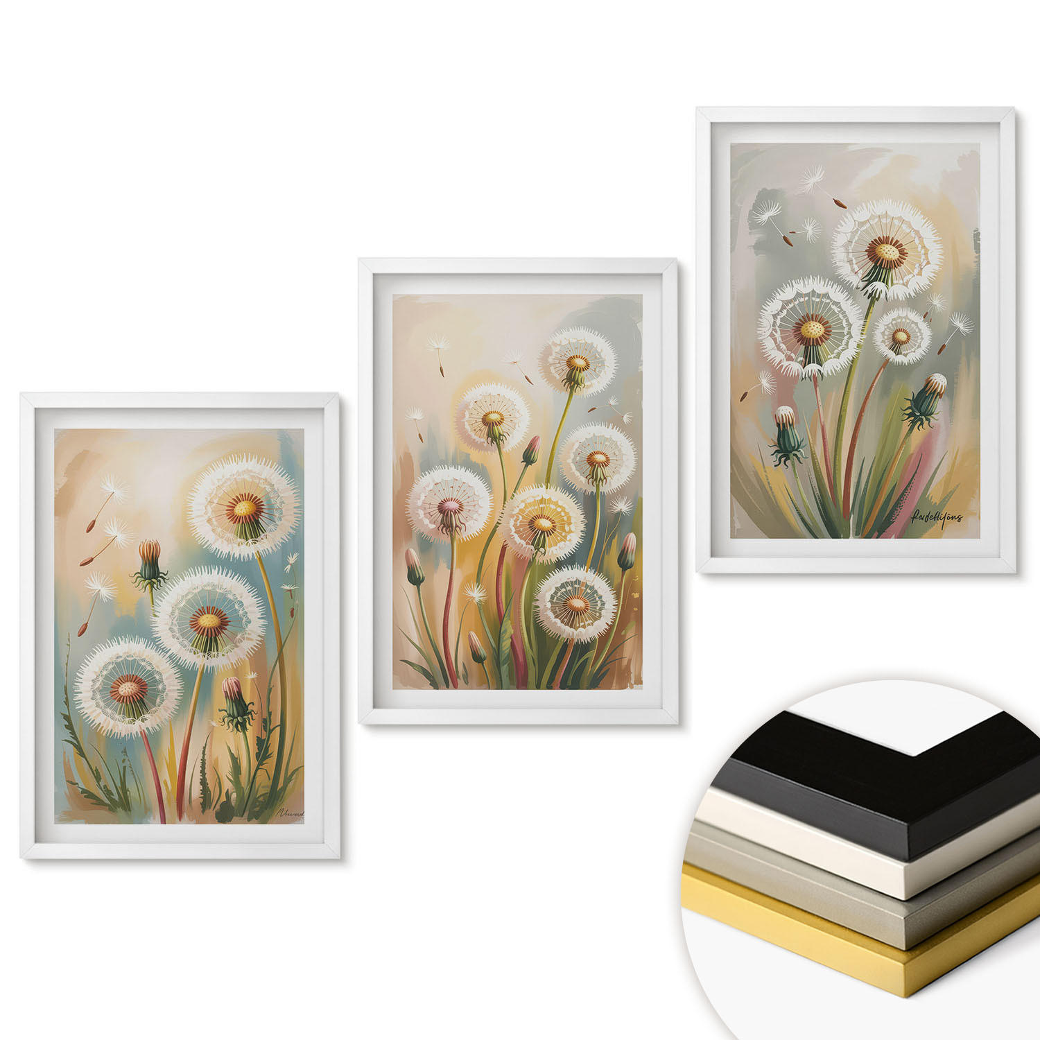 WANDBILDER 3er-Set - 40x60 cm Weißer Rahmen - Löwenzahnblüten, pastellfarbene Gräser - Weiß, Kunststoff (40/60cm) - ArtPrintCave