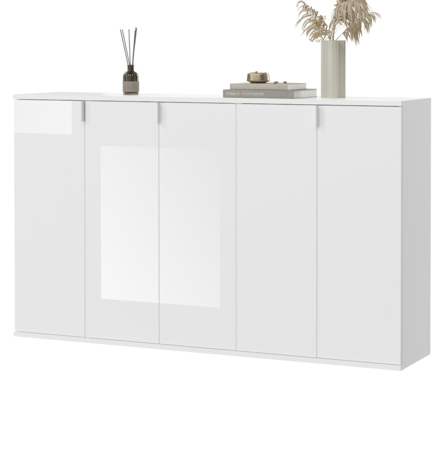 KOMMODE weiß Hochglanz 152 cm, Sideboard mit 16 Fächern - Chromfarben/Weiß Hochglanz, Holzwerkstoff/Metall (152/99/34cm) - Inn.Furn